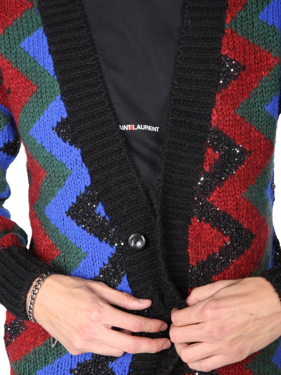 SAINT LAURENT Jacquard Cardigan - V-Neck Design with Front Button Closure