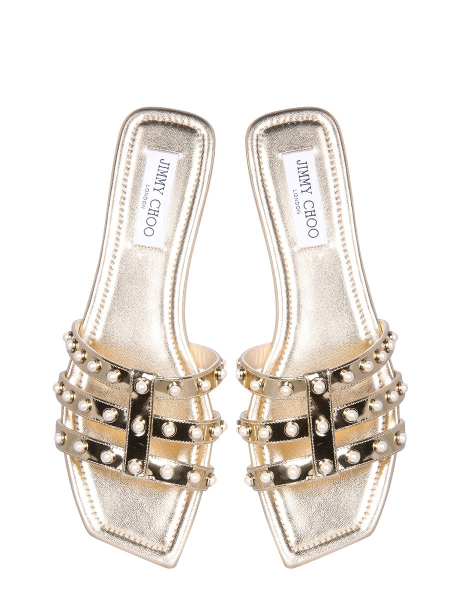 JIMMY CHOO Hazal Mini Flat Sandals with Liquid Metal Finish