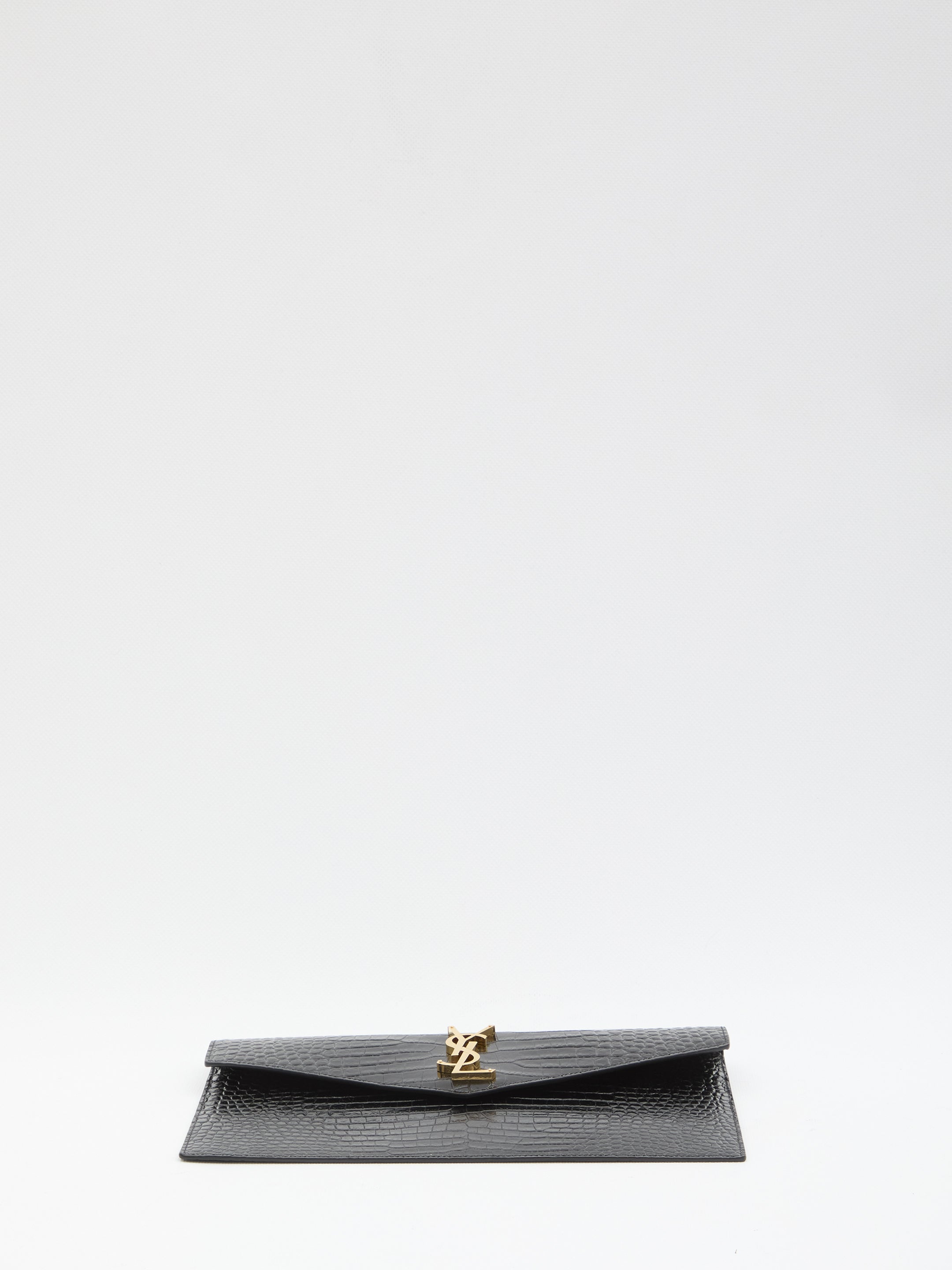 SAINT LAURENT Mini Uptown Clutch in Shiny Crocodile-Embossed Leather with Metal Initials