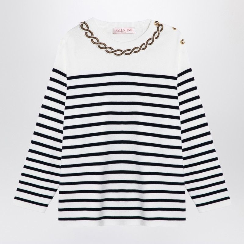 VALENTINO Striped T-Shirt with Embroidered Details for Women