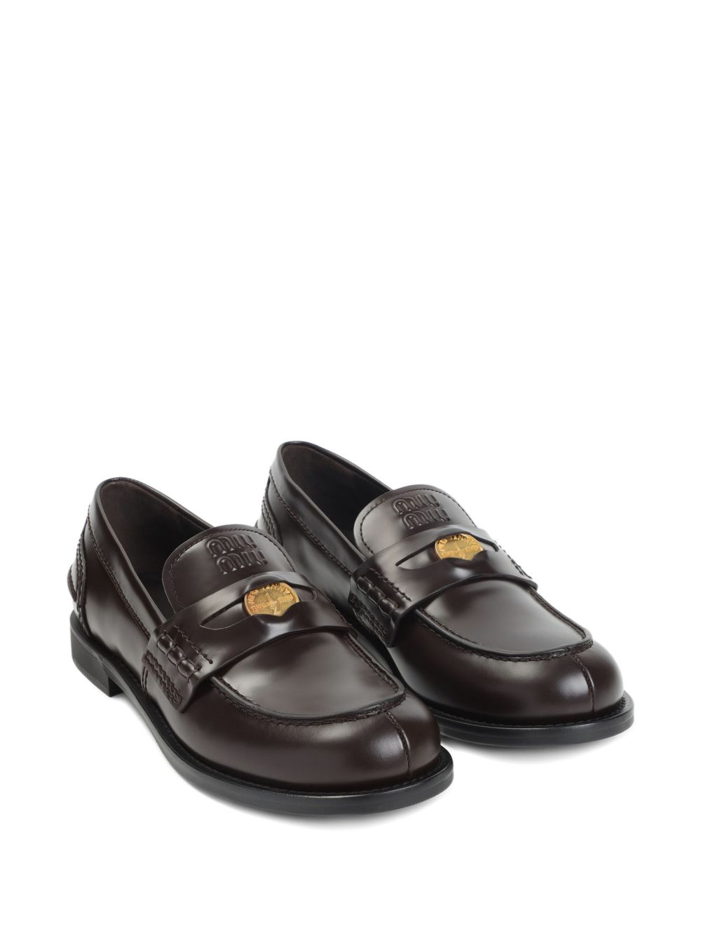 MIU MIU Elegant Spazzolato Loafers with Gold Coin Detail