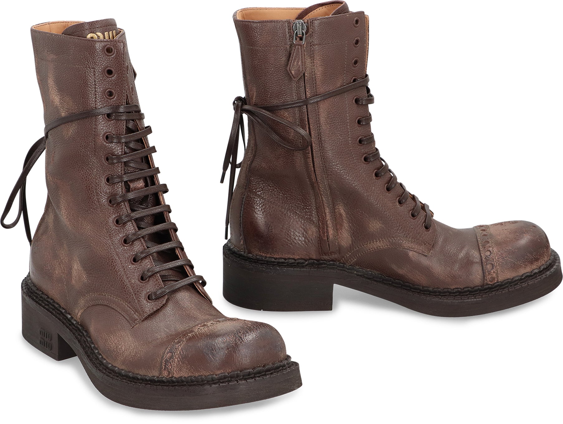 MIU MIU Women's Vintage Effect Leather Lace-Up Boots