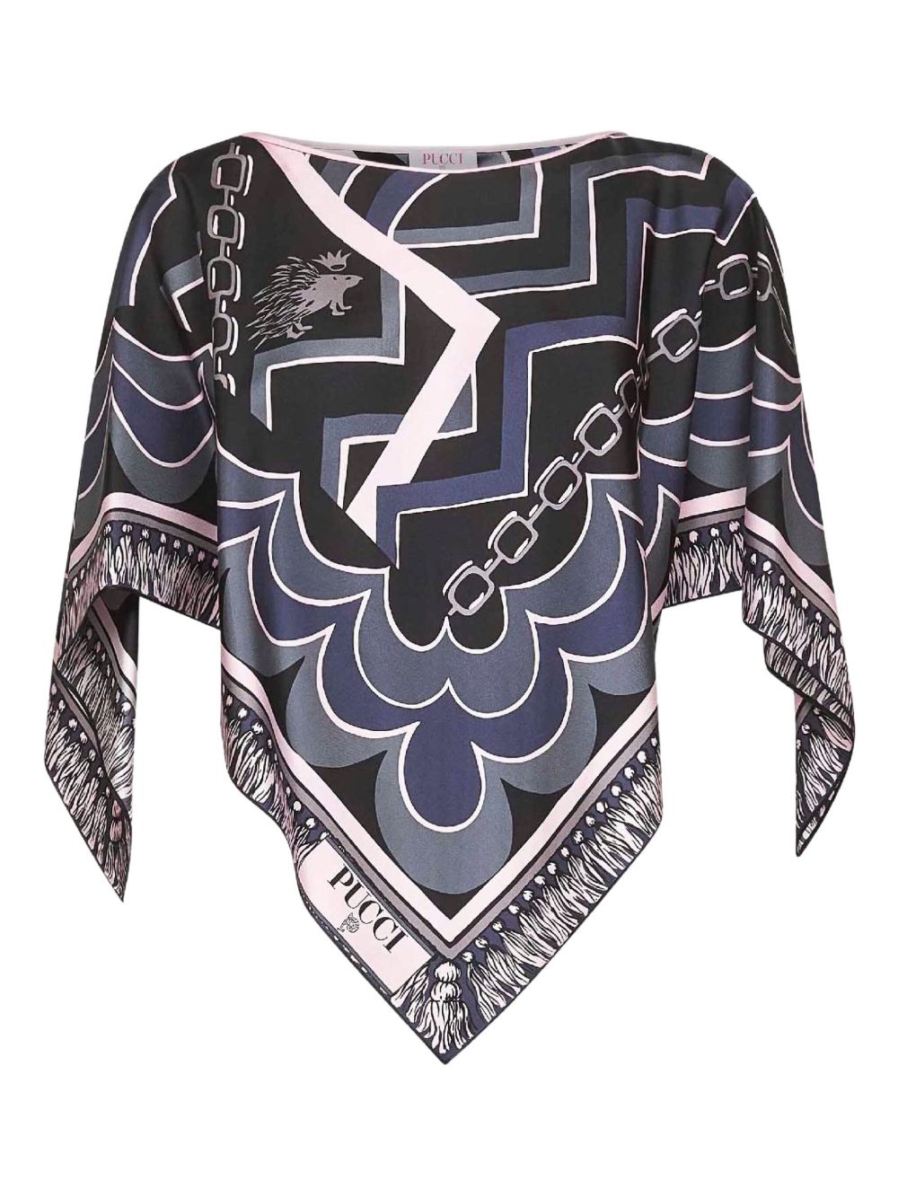 EMILIO PUCCI Printed Silk Blouse with Frill Sleeves and Triangle Hemline
