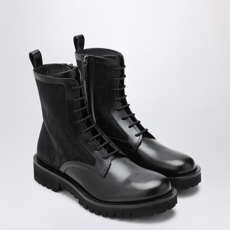 VALENTINO GARAVANI Combat Boot in Technical Fabric and Iconic Calfskin