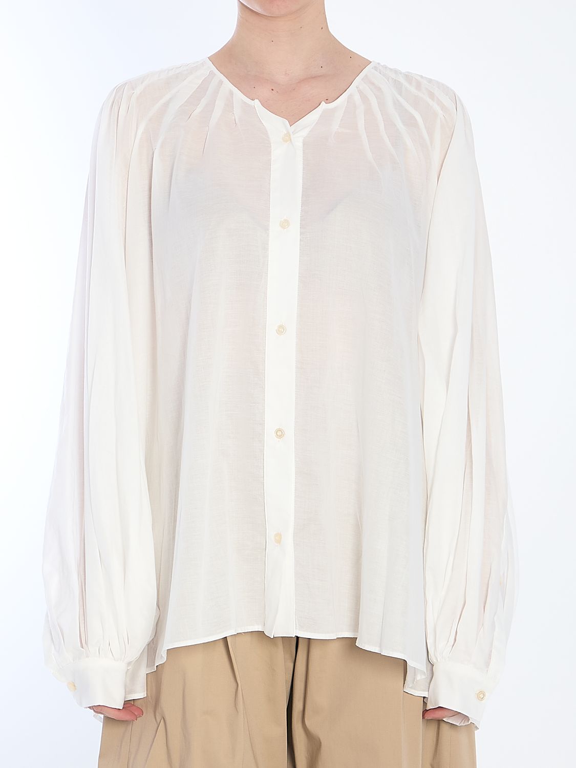THE LATEST Oversized Round-Neck Blouse with Button Closure and Pleats
