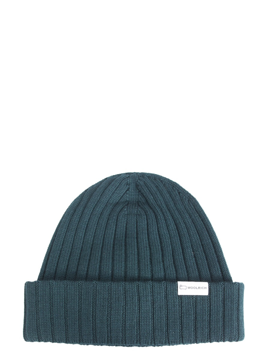 WOOLRICH Ribbed Wool Beanie with Logo Patch