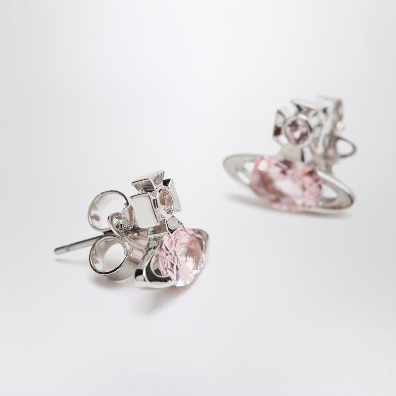 VIVIENNE WESTWOOD Mini Platinum Earrings with Pink Crystal