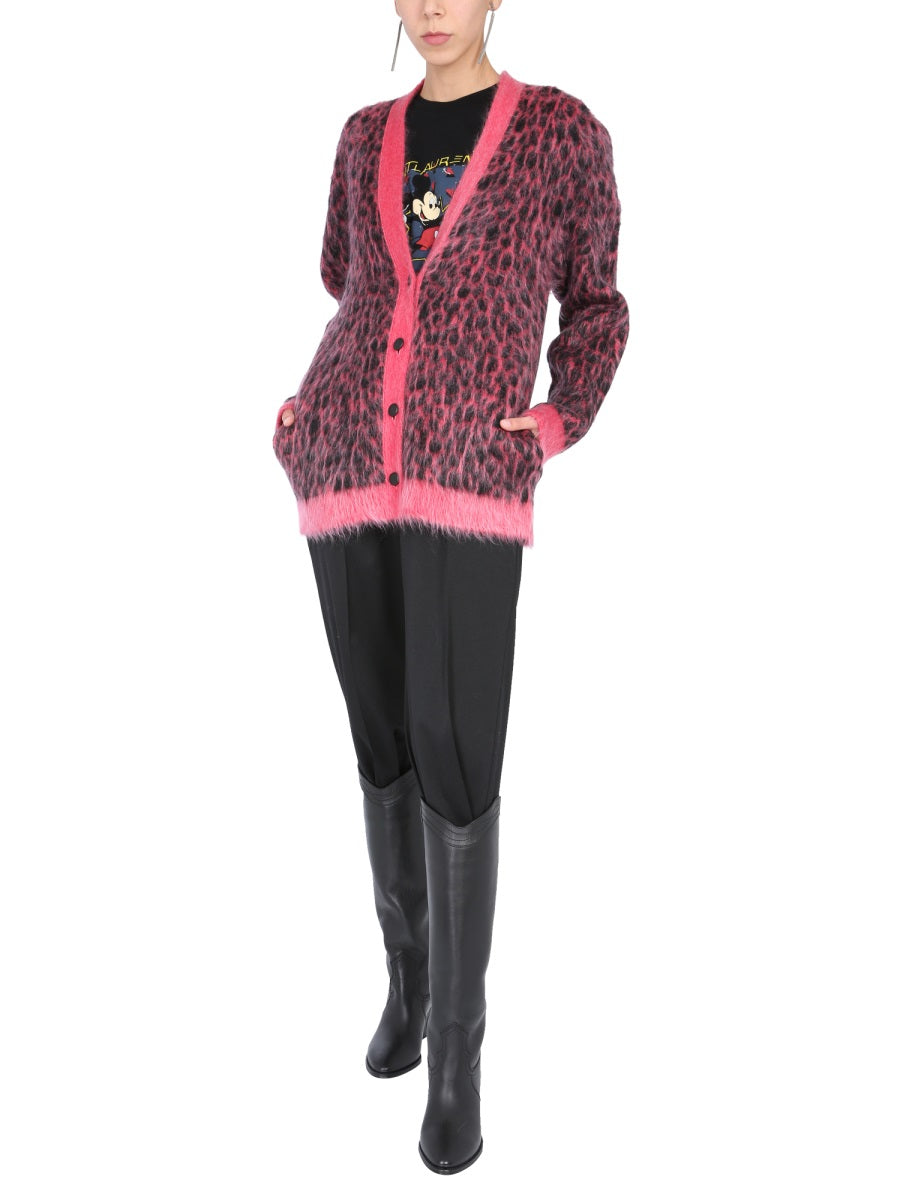 SAINT LAURENT Leopard Jacquard V-Neck Cardigan for Women