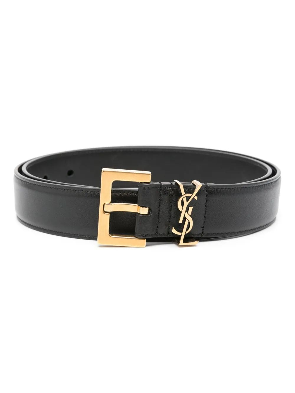SAINT LAURENT Elegant Black Belt with Gold Buckle and Logo