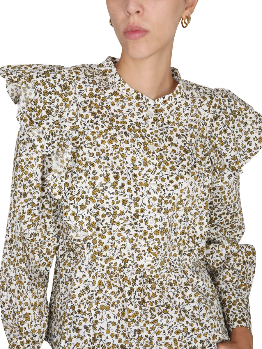 BAUM UND PFERDGARTEN Button-Front Women's Mini Shirt with Ruffle Detail