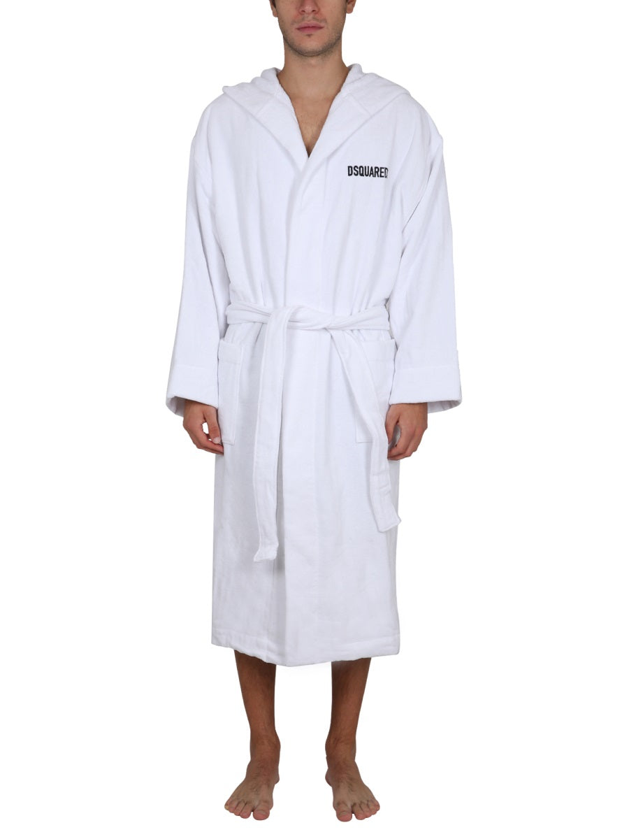 DSQUARED Unisex Bathrobe with Logo and Waist Belt