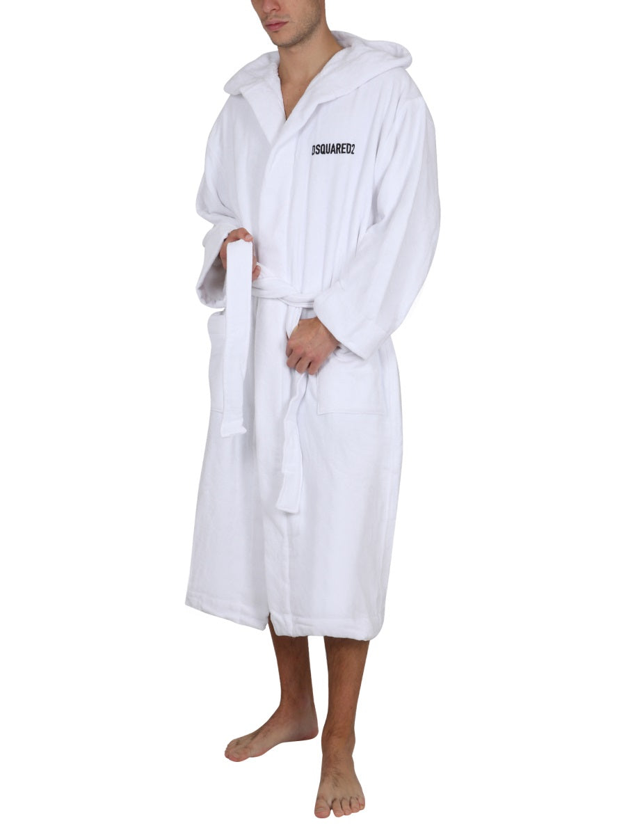 DSQUARED Unisex Bathrobe with Logo and Waist Belt