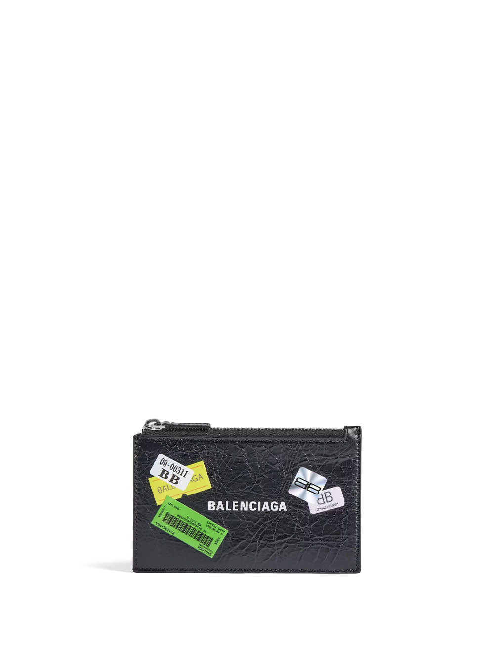 BALENCIAGA Mini Coin and Card Holder in Arena Leather with Multicolor Printed Stickers