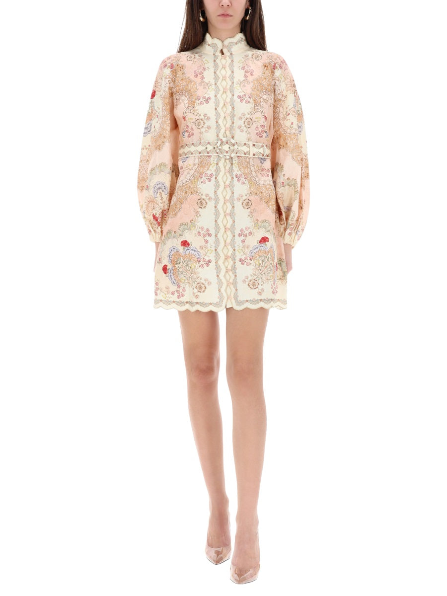 ZIMMERMANN Floral Print High Neck Mini Dress with Belt & Lace Trim