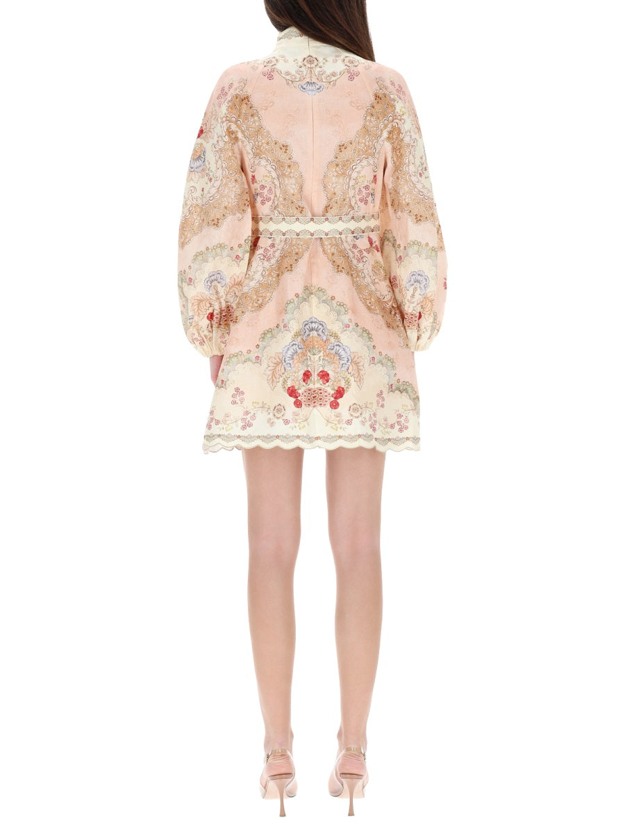 ZIMMERMANN Floral Print High Neck Mini Dress with Belt & Lace Trim