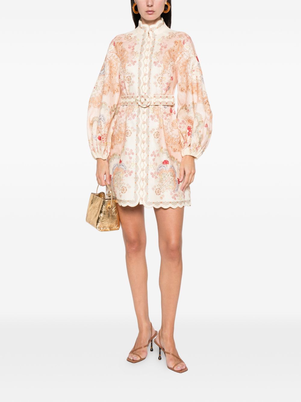 ZIMMERMANN Floral Print High Neck Mini Dress with Belt & Lace Trim