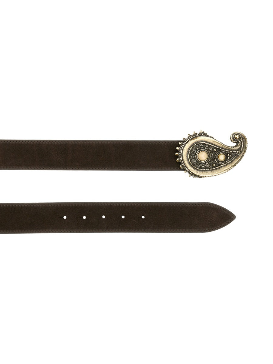 ORCIANI Nubuck Belt with Brass-Finish Engraved Buckle for Women