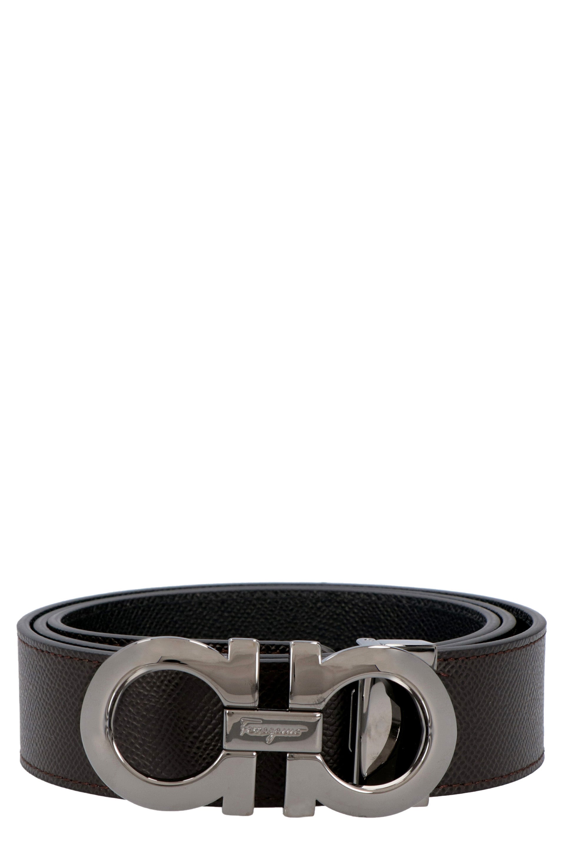Ferragamo Reversible Leather Belt with Dark-Tone Metal Buckle - 9x4.5cm