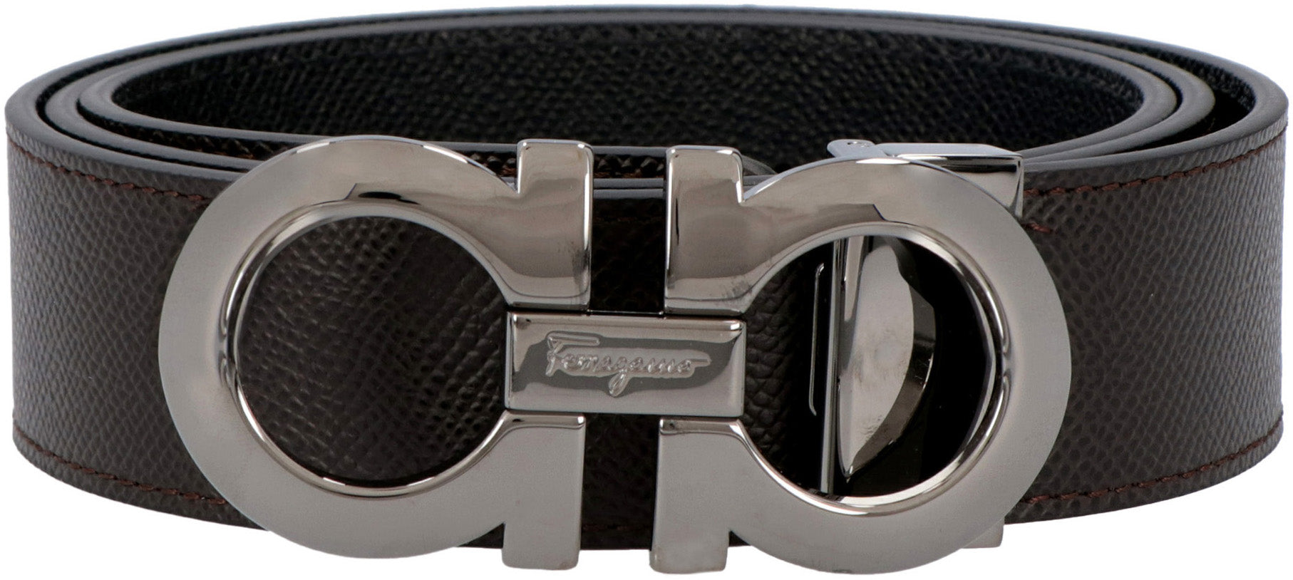 Ferragamo Reversible Leather Belt with Dark-Tone Metal Buckle - 9x4.5cm