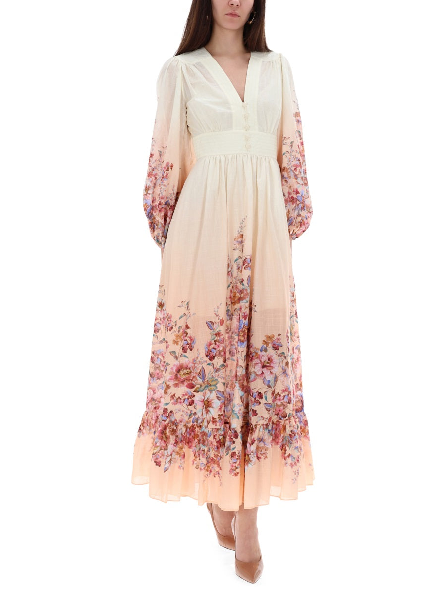 ZIMMERMANN Floral Print Cotton Maxi Dress with Long Sleeves