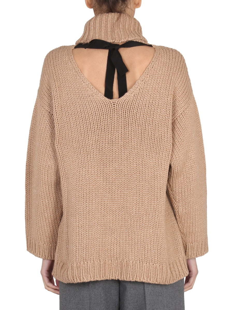 RED VALENTINO Wool and Lurex Blend High Neck Cut-Out Back Sweater