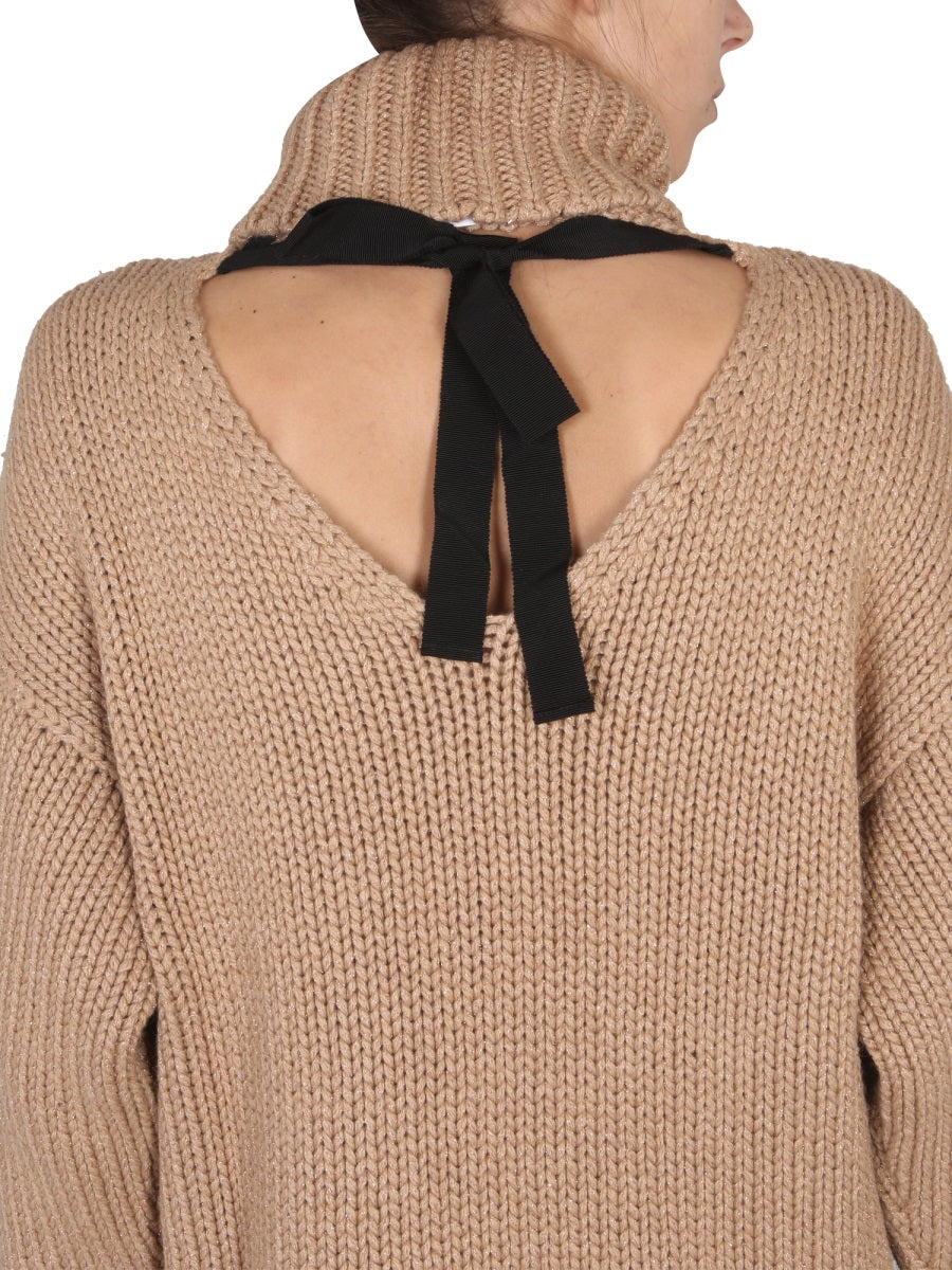 RED VALENTINO Wool and Lurex Blend High Neck Cut-Out Back Sweater