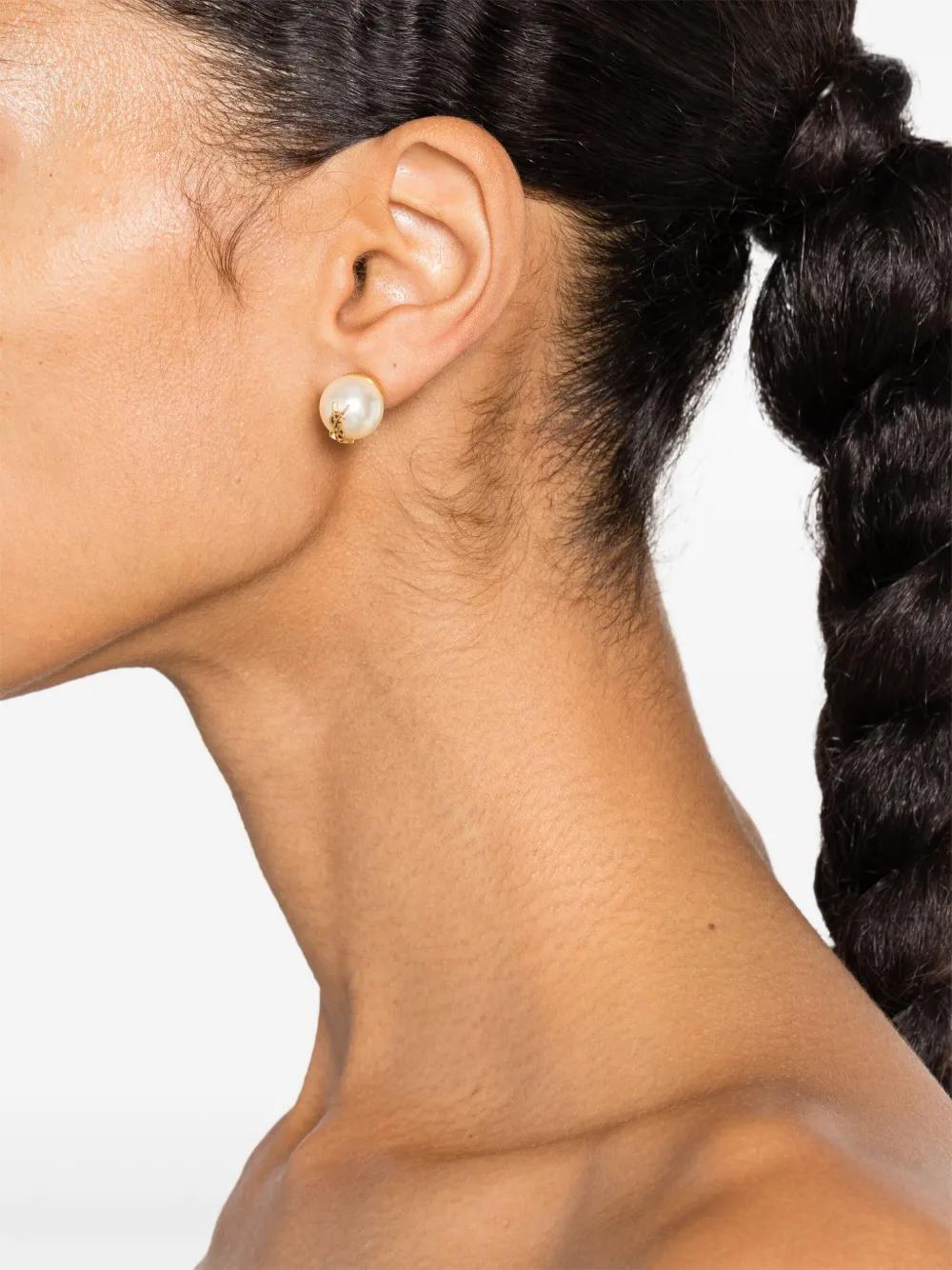 SAINT LAURENT Pearl Stud Earrings with Logo Plaque