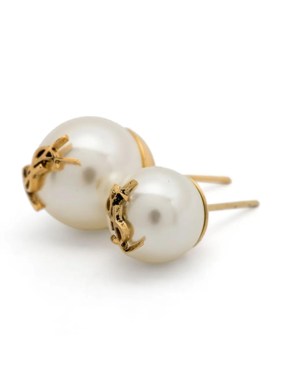 SAINT LAURENT Pearl Stud Earrings with Logo Plaque