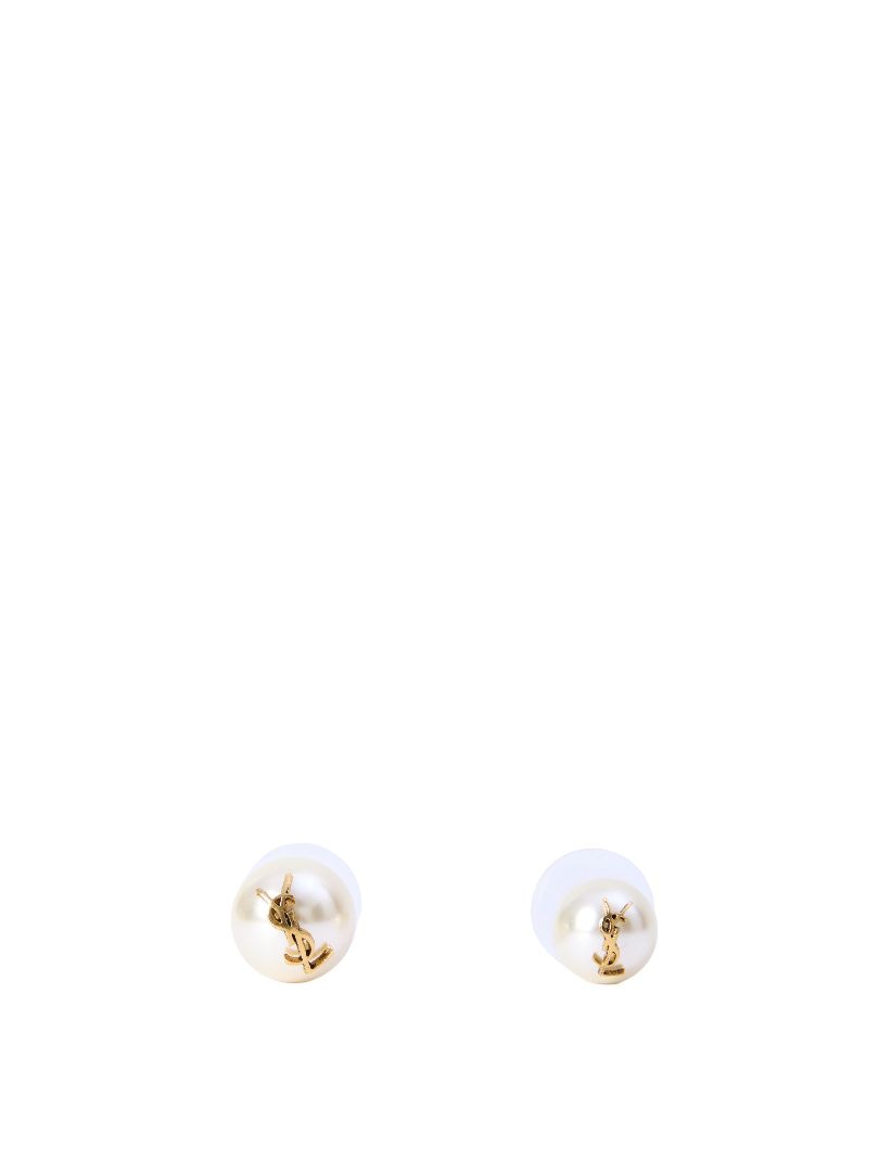 SAINT LAURENT Pearl Stud Earrings with Logo Plaque