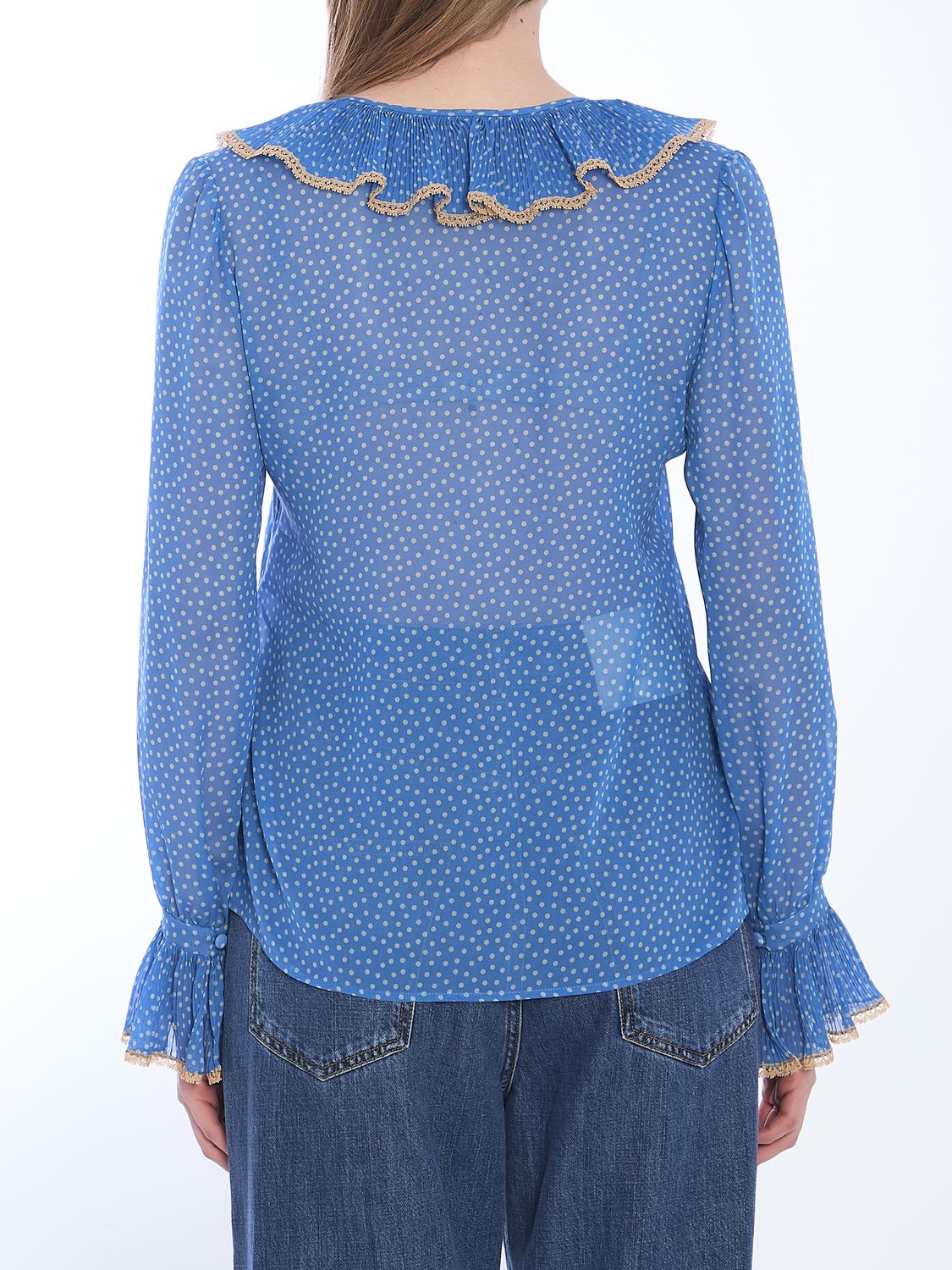 VALENTINO GARAVANI Polka Dot Silk Blouse with Pleated Ruffle Trim - Size IT 40