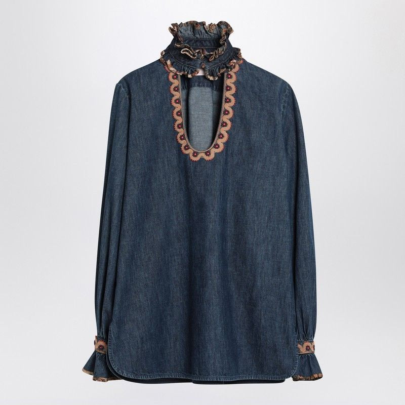 VALENTINO Denim Blouse with Embroidered Edges