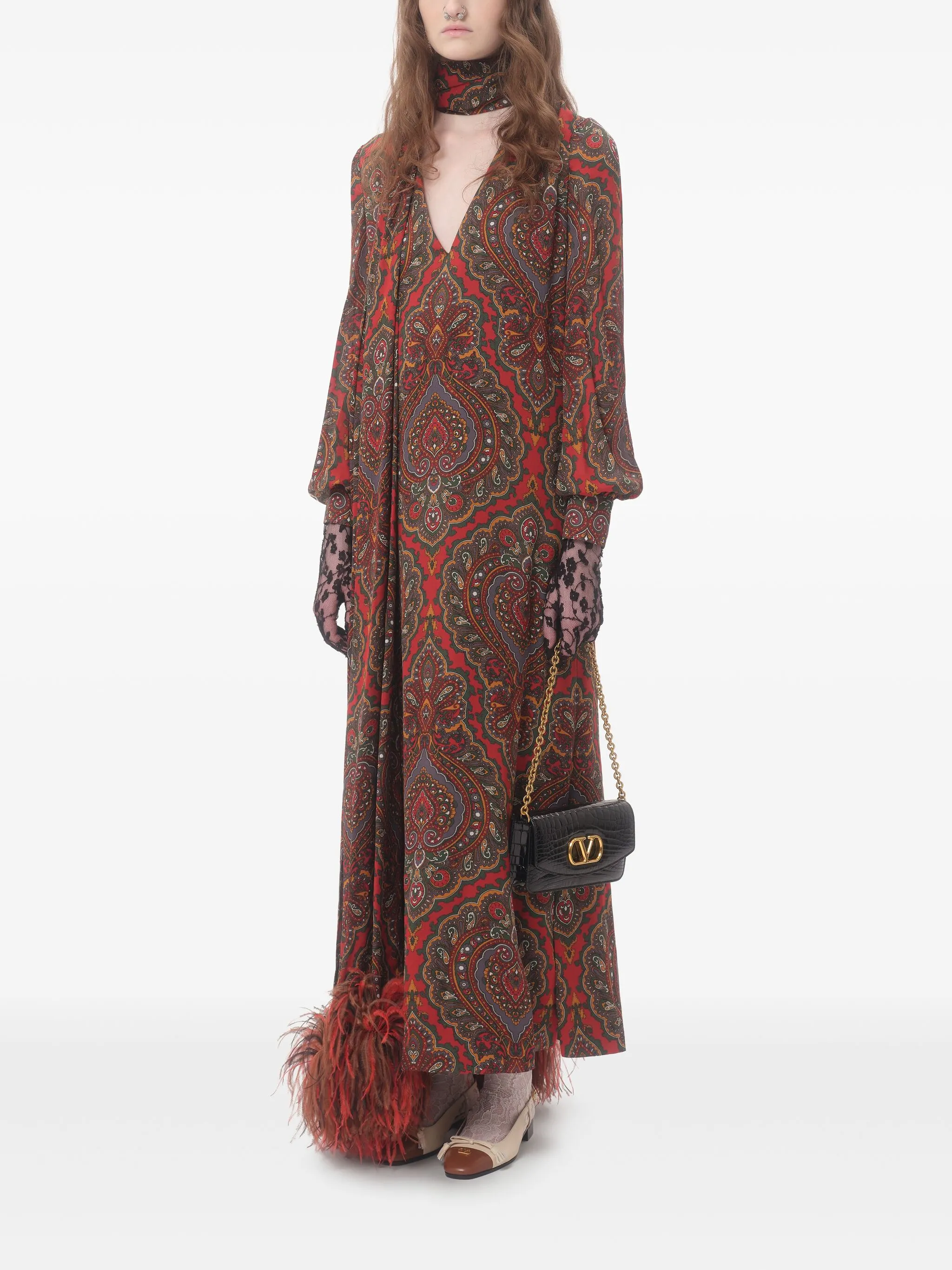 VALENTINO GARAVANI Midi Dress with V-Neck and Ostrich Feathers - Size 42