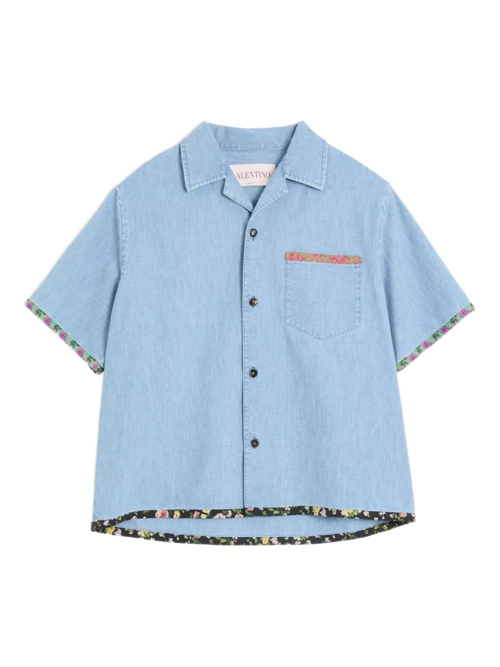 VALENTINO GARAVANI Denim Bowling Shirt with Floral Trim