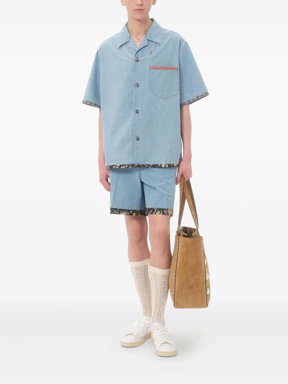 VALENTINO GARAVANI Denim Bowling Shirt with Floral Trim