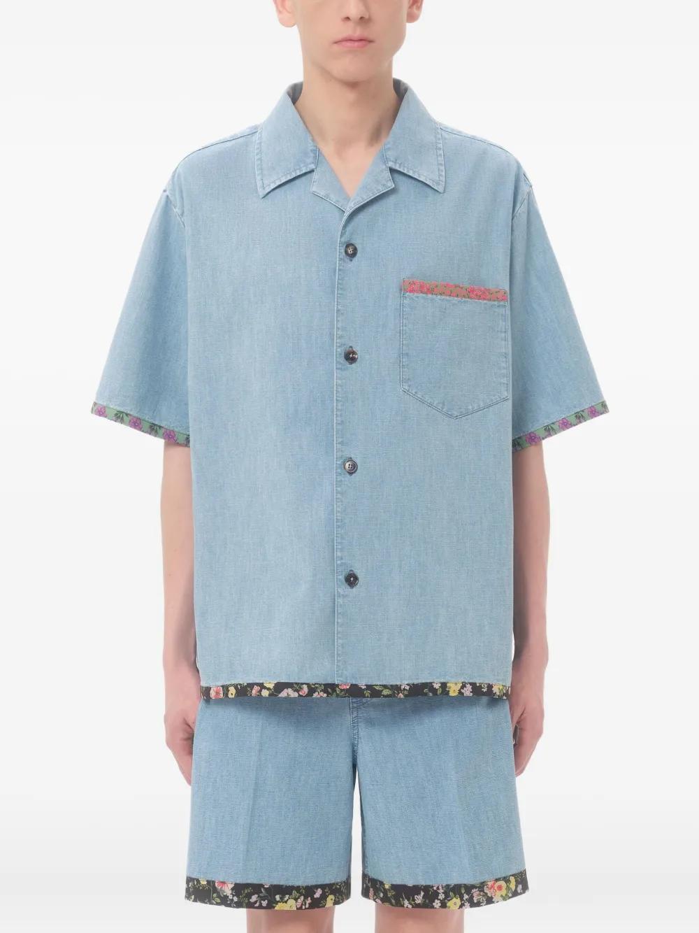 VALENTINO GARAVANI Denim Bowling Shirt with Floral Trim