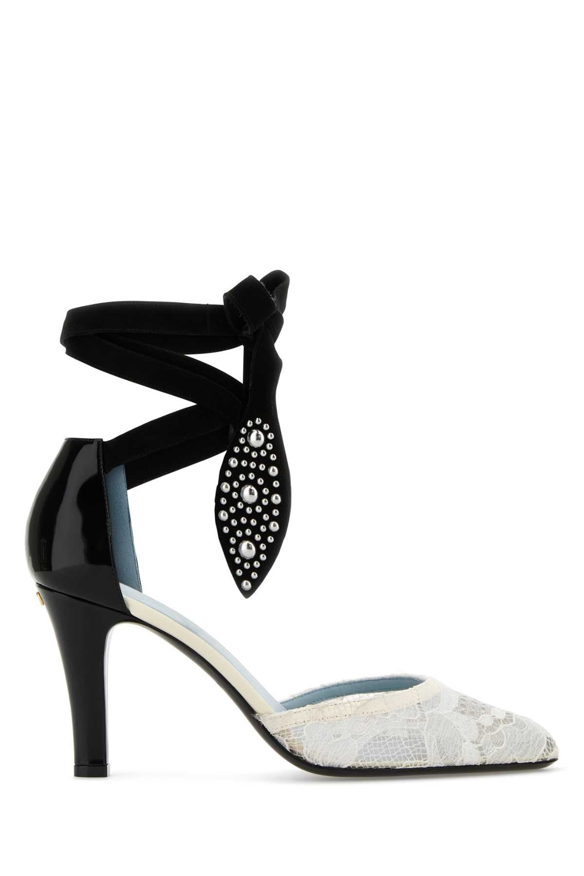 VALENTINO GARAVANI Two-Tone Lace and Leather Ankle Strap Pumps