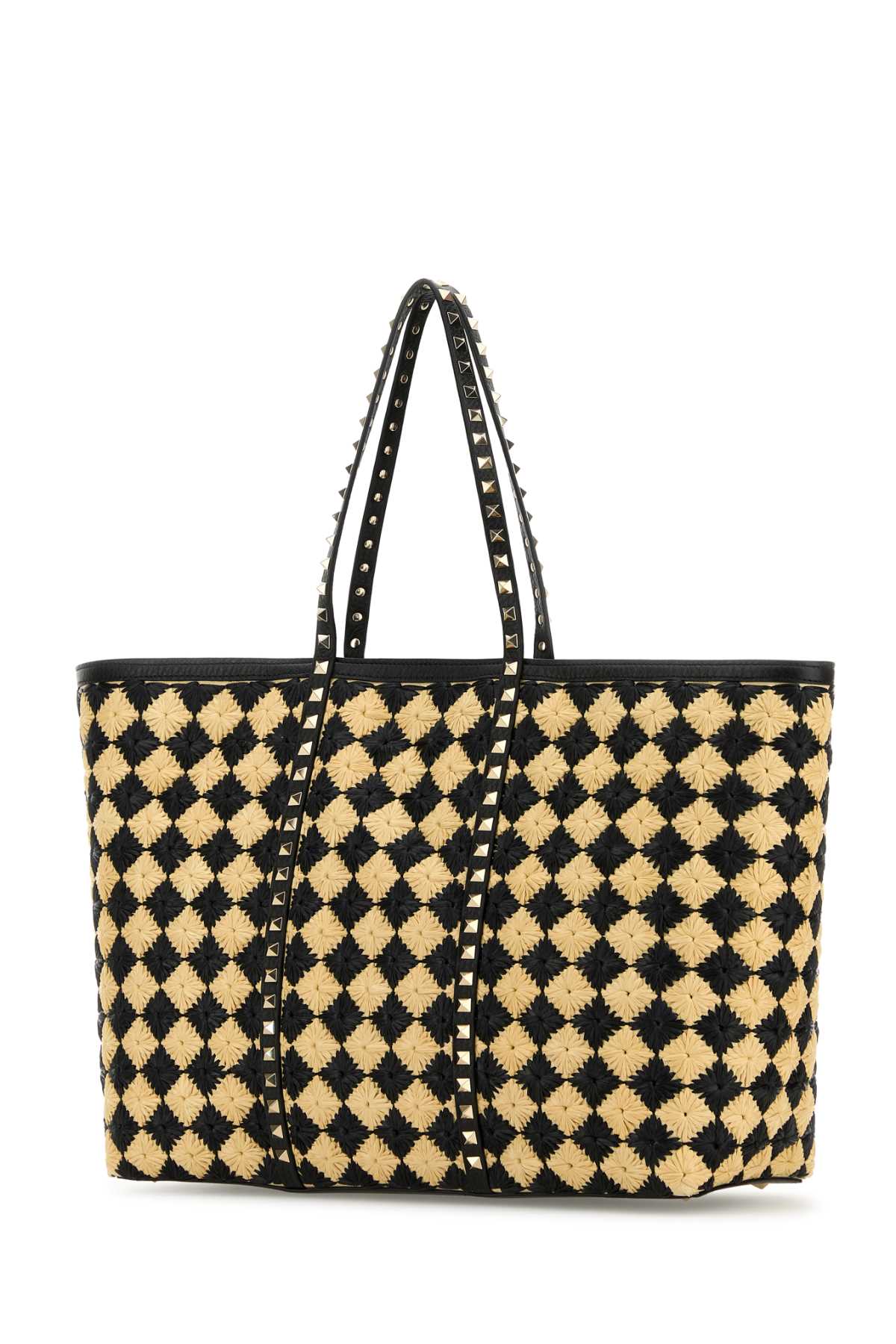 VALENTINO GARAVANI Embroidered Raffia Rockstud Medium Tote Handbag