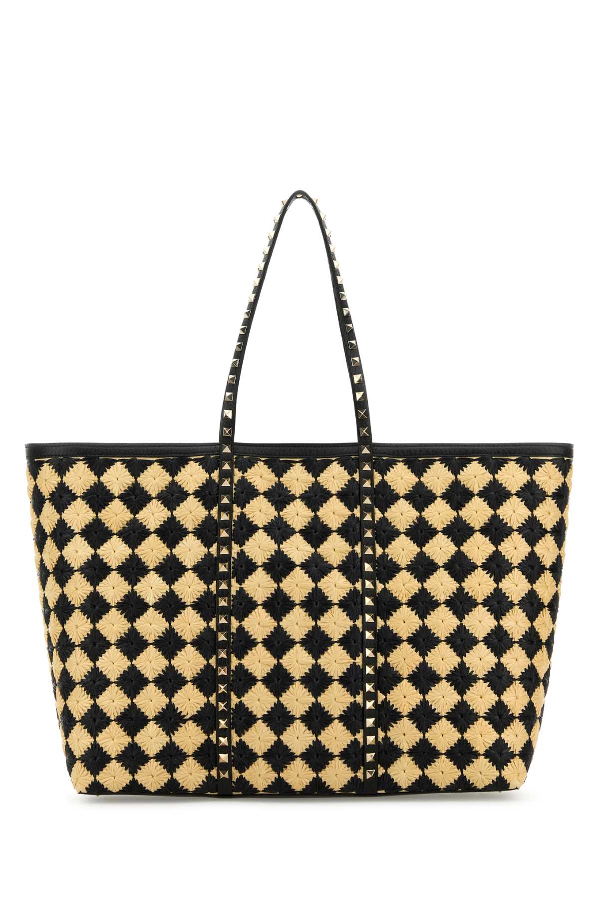 VALENTINO GARAVANI Embroidered Raffia Rockstud Medium Tote Handbag