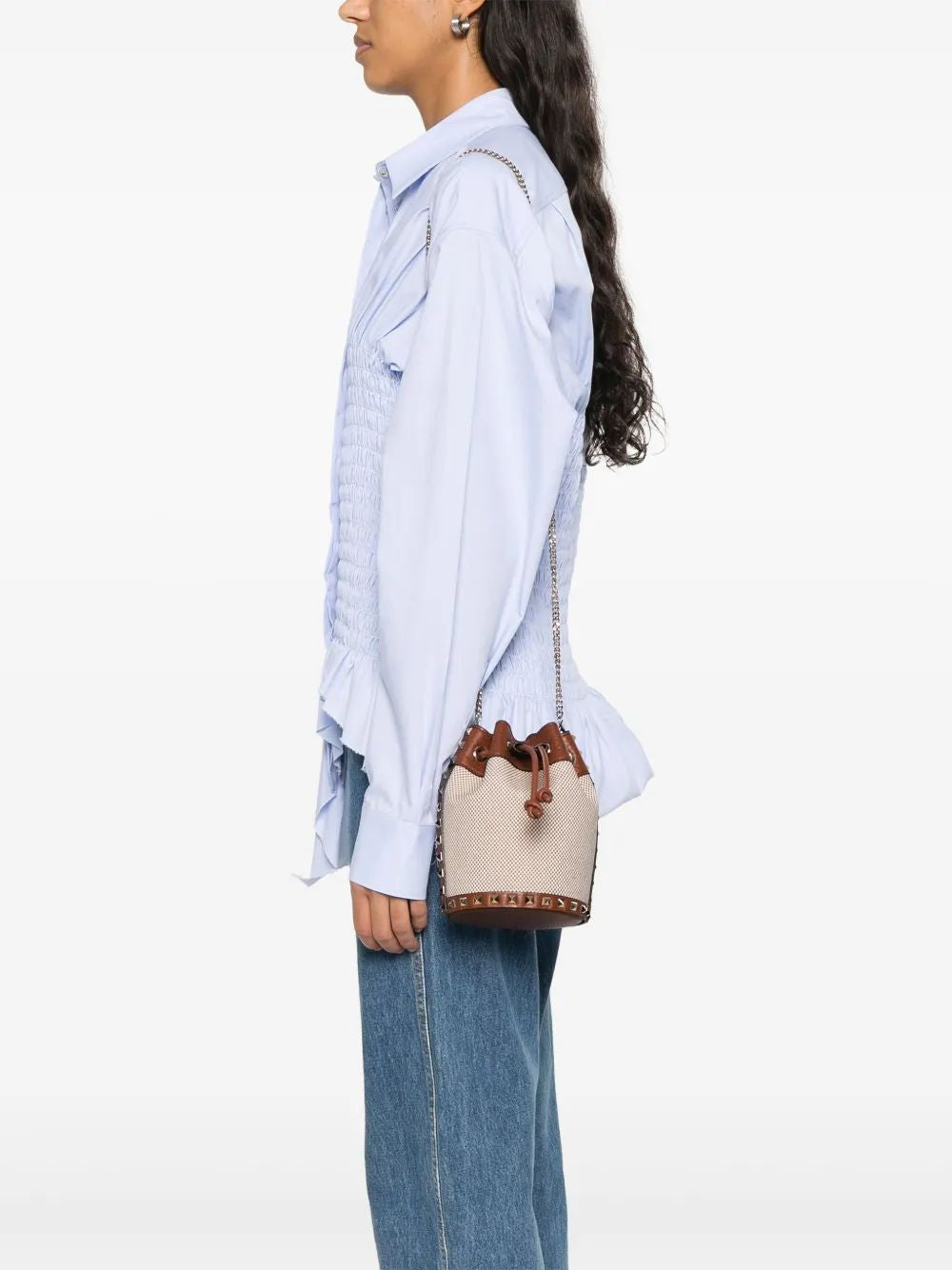 VALENTINO GARAVANI Mini Two-Tone Canvas Rockstud Bucket Handbag