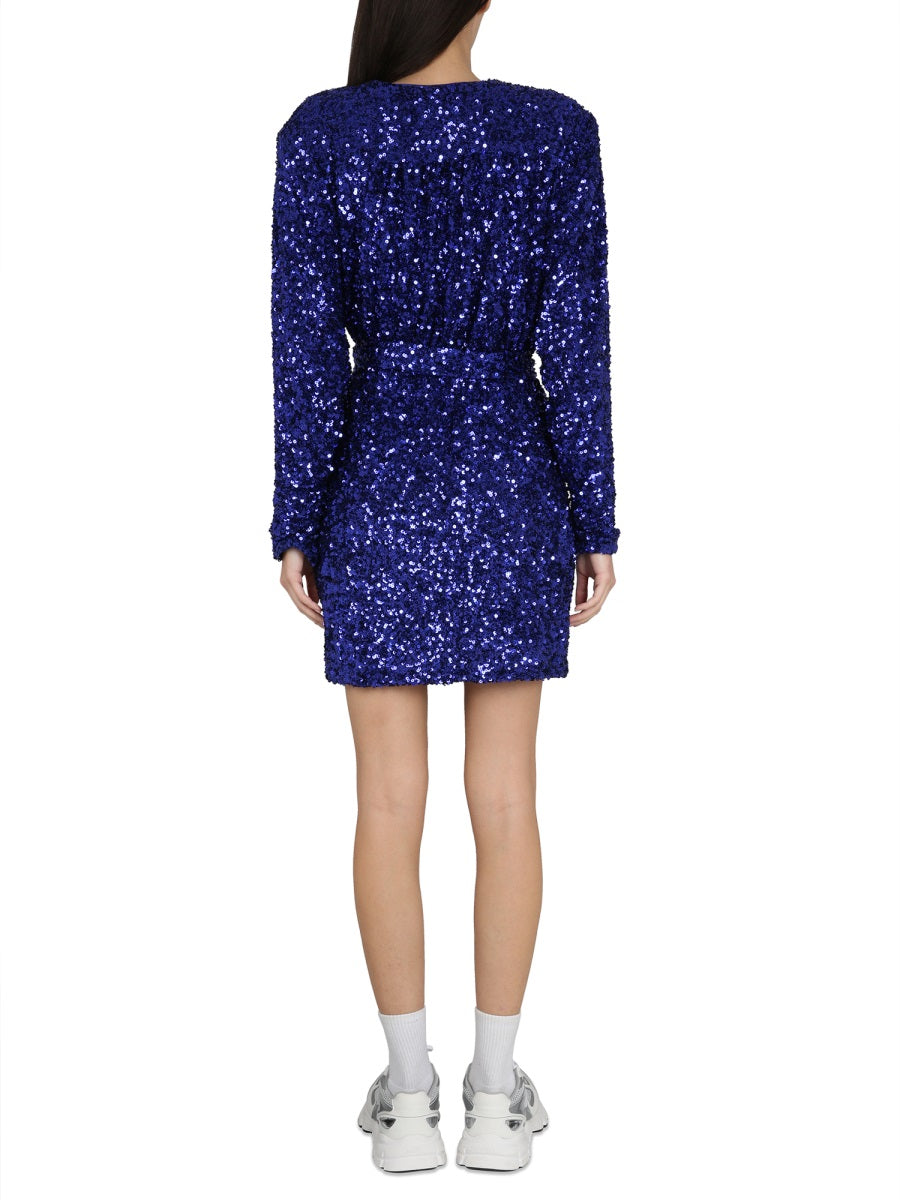 ROTATE BIRGER CHRISTENSEN V-Neck Sequined Mini Dress with Adjustable Belt