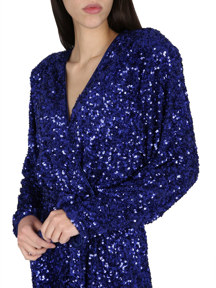 ROTATE BIRGER CHRISTENSEN V-Neck Sequined Mini Dress with Adjustable Belt