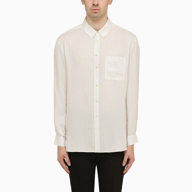 SAINT LAURENT Striped Silk Shirt with Embroidered Logo