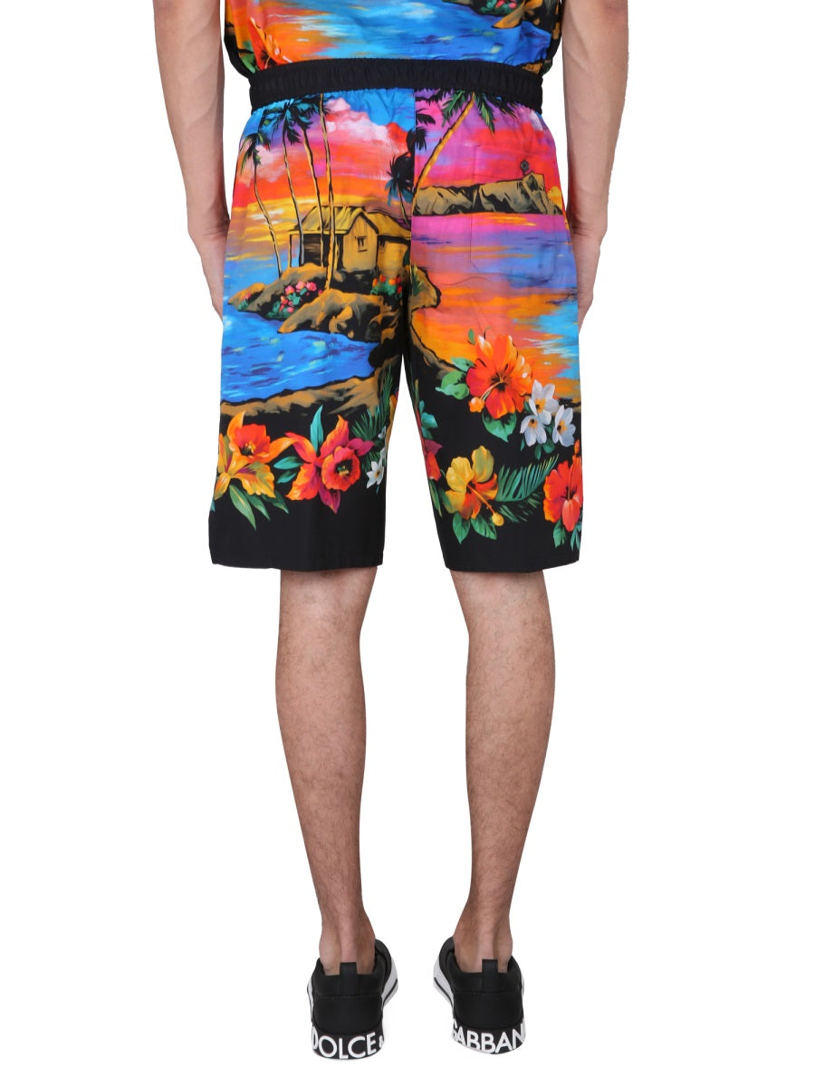 DOLCE & GABBANA Men's Mini Bermuda Shorts with Sunset Print