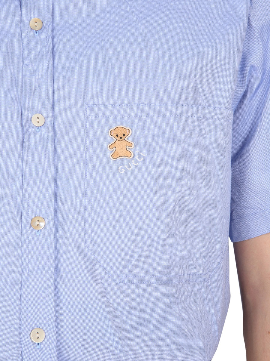 GUCCI Men's Classic Collar Shirt with Bear Pocket Detail