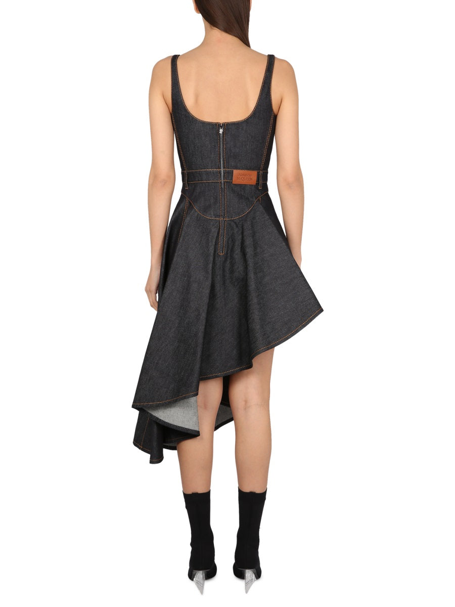 ALEXANDER MCQUEEN Women’s Denim Dress with Round Neckline and Back Zip