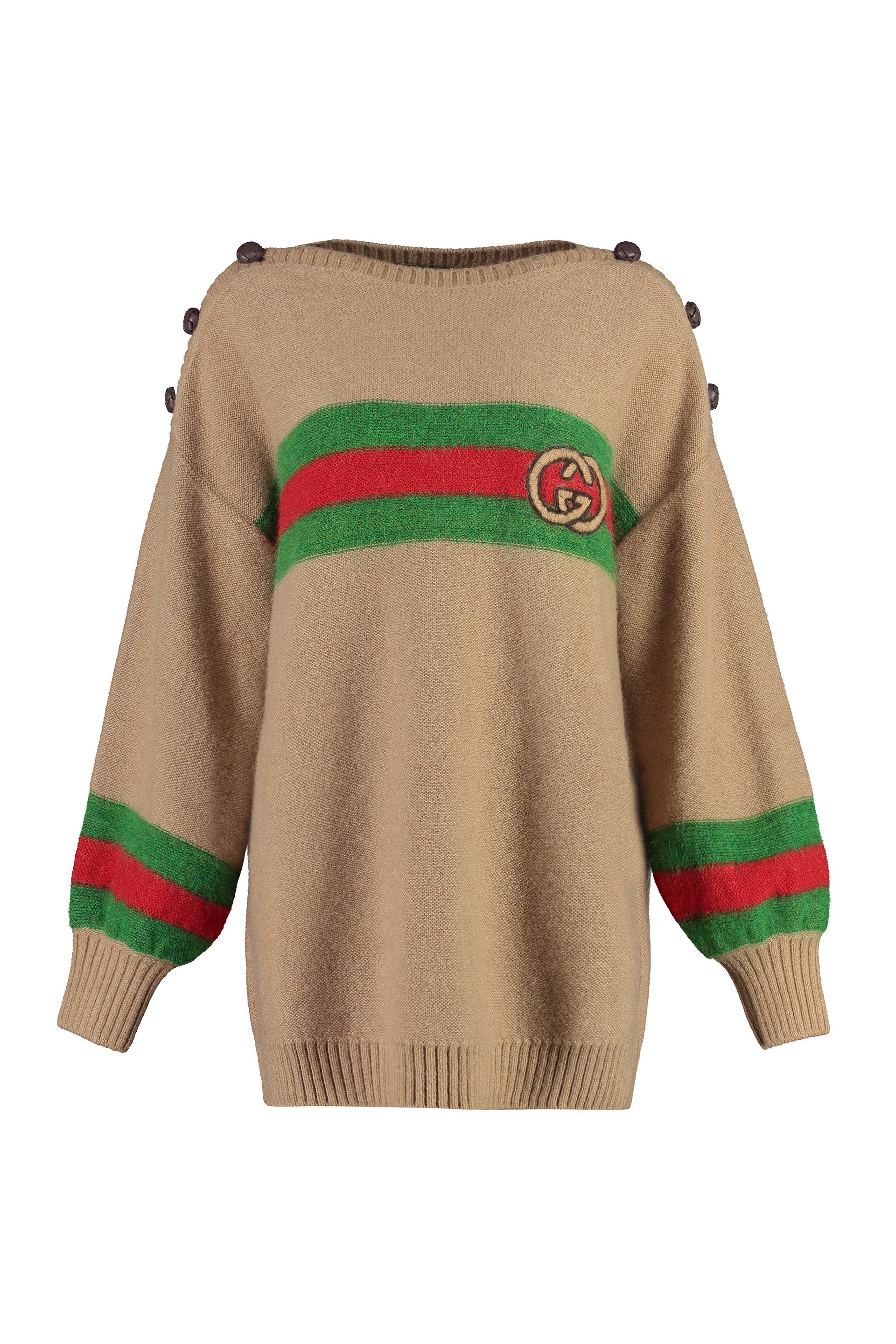GUCCI Crew-Neck Wool Sweater with Leather Knot Buttons