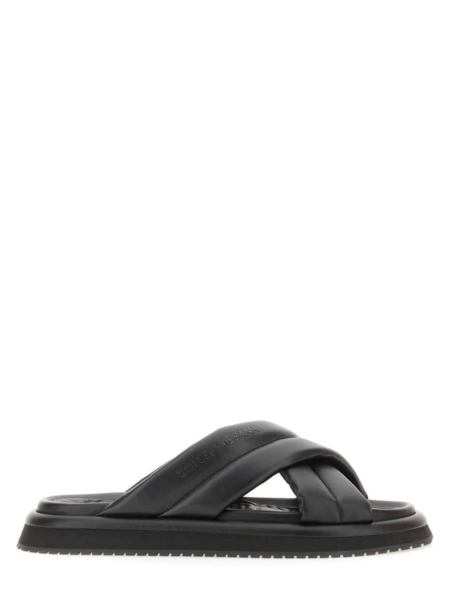 DOLCE & GABBANA Nappa Effect Fabric Sandal with Logo Rubber Sole - Men's