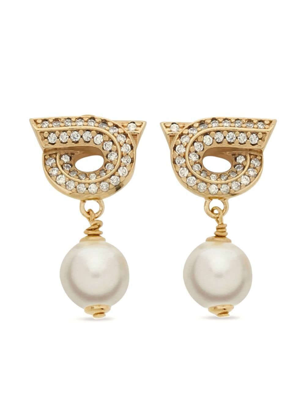 Ferragamo Gancini Hook Earrings with Pearl and Crystals