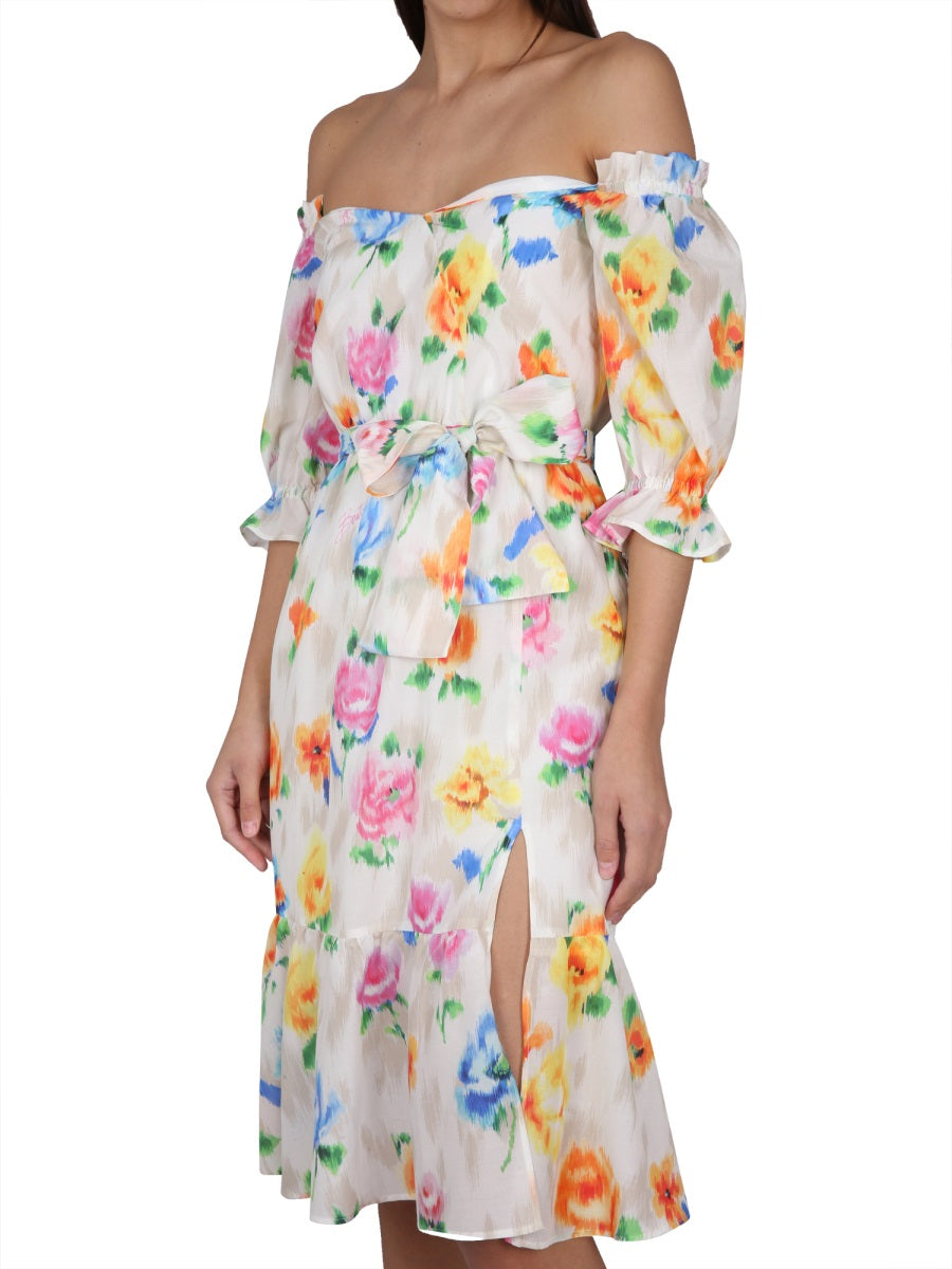 BOUTIQUE MOSCHINO Floral Pattern Mini Dress with Boat Neckline and Balloon Sleeves