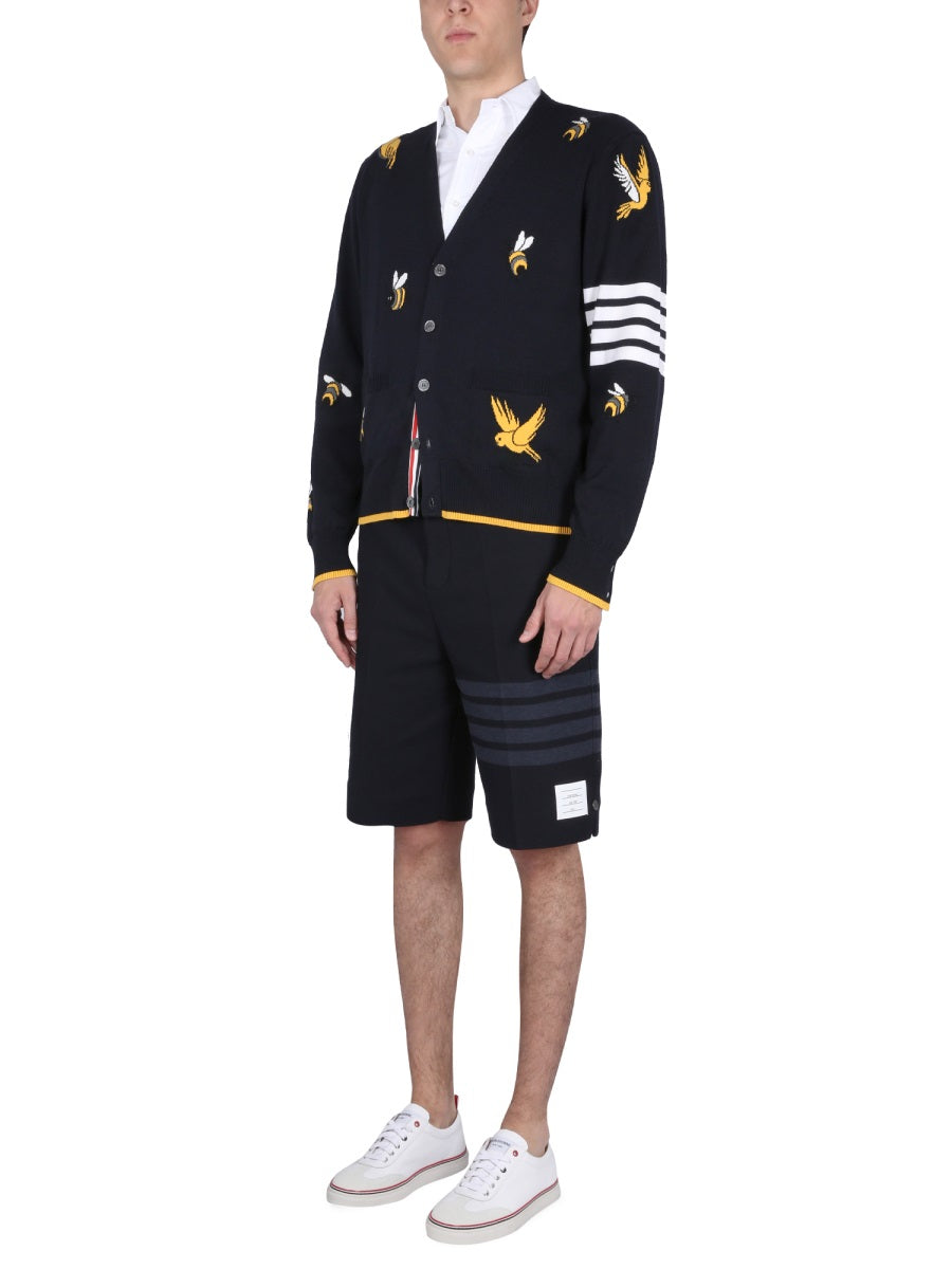THOM BROWNE V-Neck Cardigan with Birds and Bees Inlays